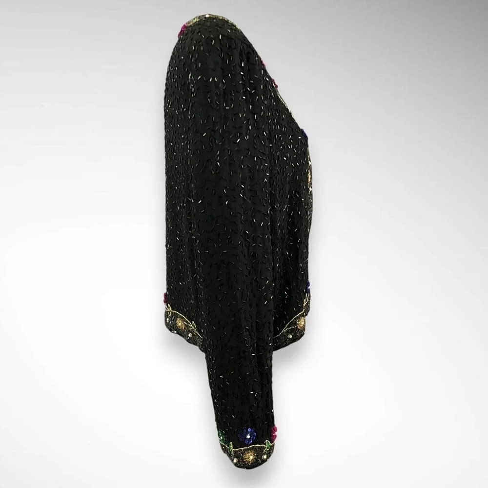 LESLIE FAY EVENINGS Vintage Beautiful Black Silk‎ Beaded Jacket Size 14 | EUC
